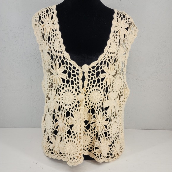 Yarnworks Jackets & Blazers - Yarnworks Large | Cream Crochet Floral Ramie Cotton Knit Vest Boho Vintage